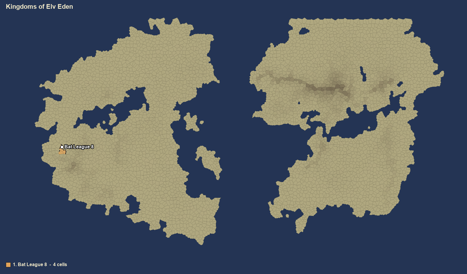 The world map of Elv Eden with every kingdom's land painted in its colour